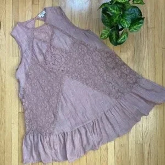 Umgee Sleeveless Lace Panel Ruffle Hem Mauve Mini Dress - Tunic Top Size L - Picture 3 of 11
